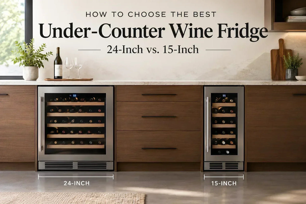 Buyer's guide banner for best under counter wine fridges featuring 24-inch and 15-inch built-in stainless steel models by Prime Wine Coolers.