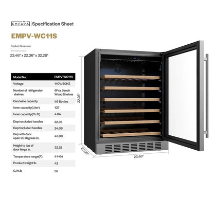 Empava 24 Inch Wine Cooler Wine Fridge 46 Bottles EMPV-WC11S