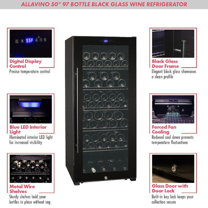 Allavino Contemporary 102-Bottle Single Zone Wine Refrigerator Black Glass KWR102S-1BGR