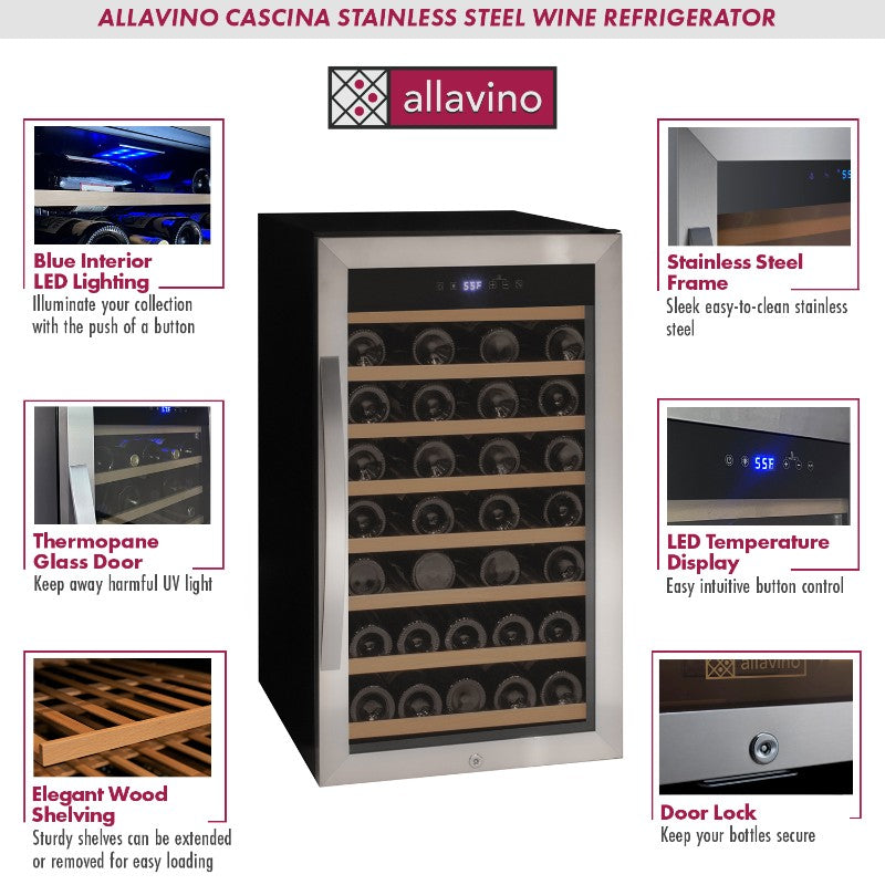 Allavino Wine Cooler 50 Bottle Single Zone Freestanding Stainless Steel KWR50S-1SR