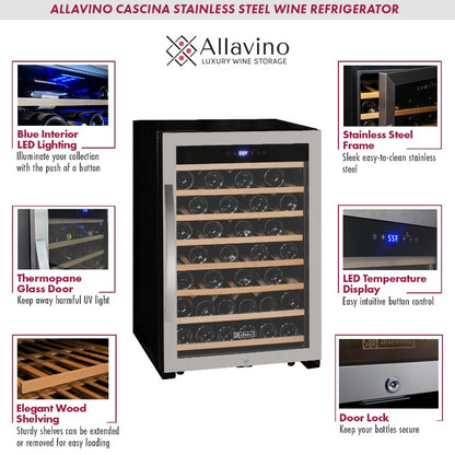 Allavino Cascina 55 Bottle Single Zone Wine Refrigerator with Stainless Steel Door KWR55S-1SR