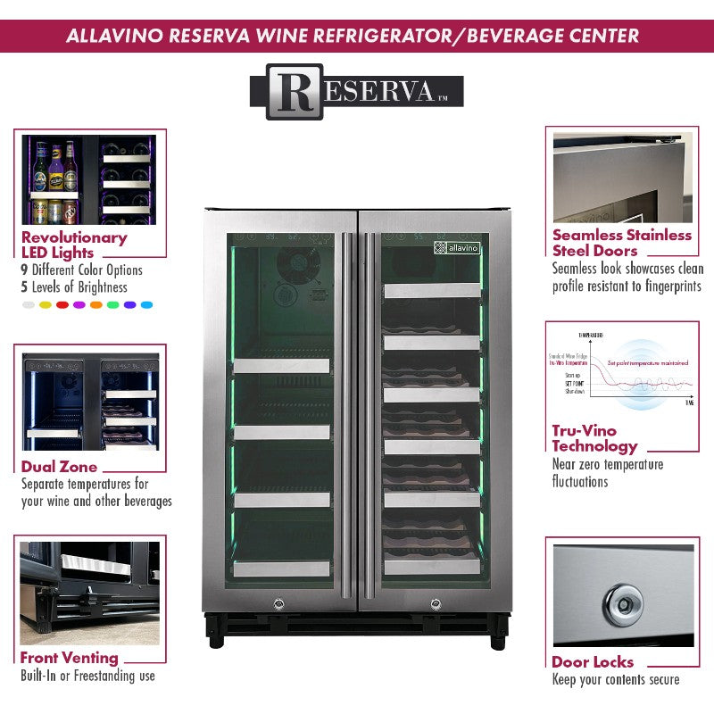 Allavino Wine Refrigerator 24" Dual-Door Stainless Steel Beverage Center VSBCW34FD-2S