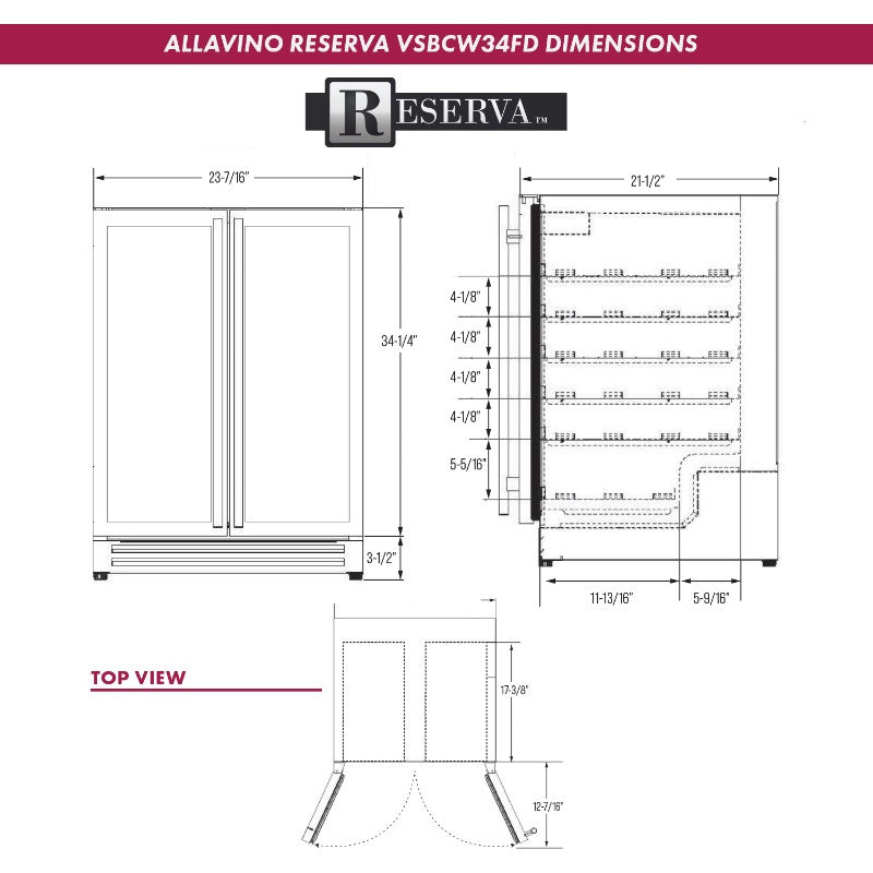 Allavino Wine Refrigerator 24" Dual-Door Stainless Steel Beverage Center VSBCW34FD-2S