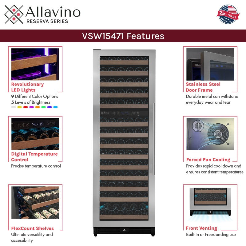 Allavino Reserva Wine Refrigerator 154 Bottle Dual Zone Stainless Steel VSW15471D-2SL