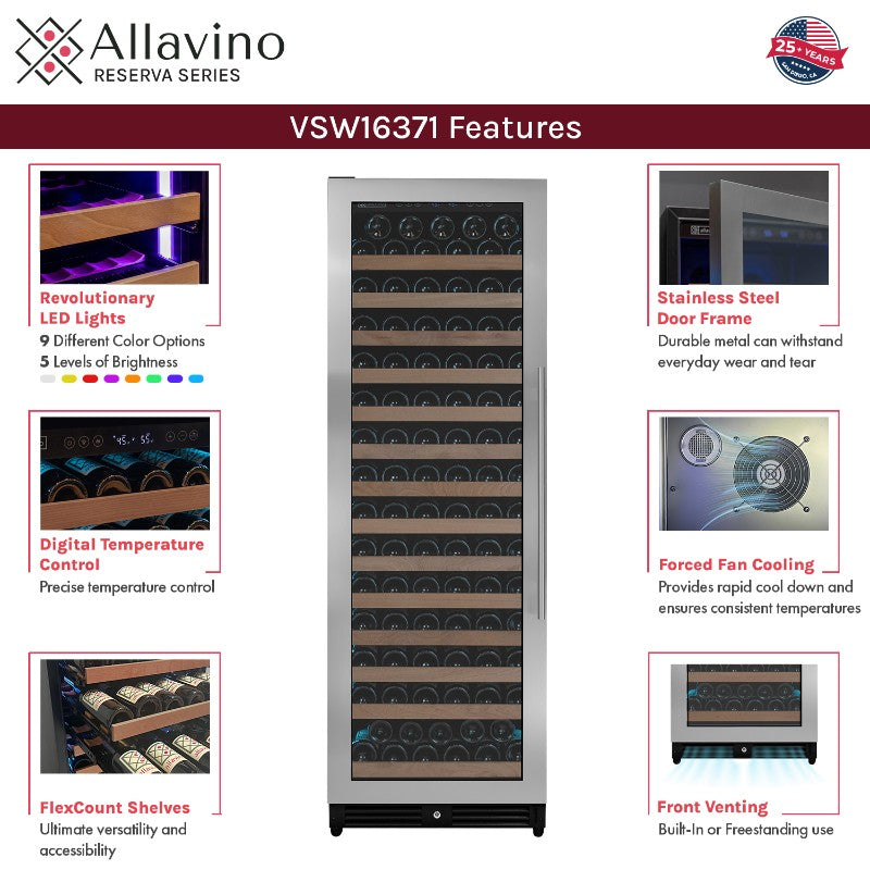 Allavino Reserva Series 163-Bottle Single Zone Wine Refrigerator 71" VSW16371S-1SL