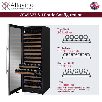 Allavino Reserva Series 163-Bottle Single Zone Wine Refrigerator 71" VSW16371S-1SL