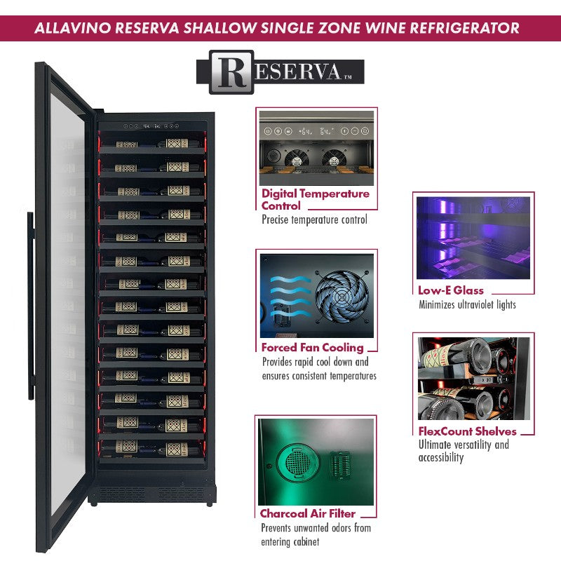 Allavino Wine Cooler 67 Bottle Single Zone Shallow Black Console VSW6771S-1BL